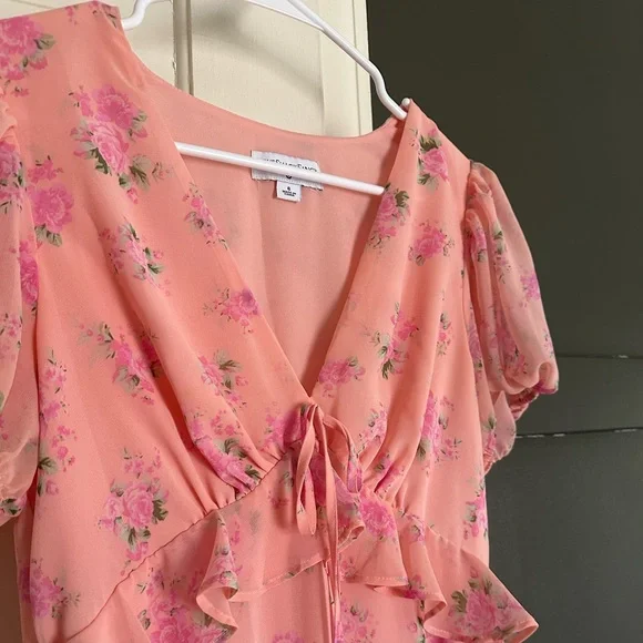 LoveShackFancy Pink Floral Puff Sleeve Chiffon Tiered Ruffle Midi Dress Size 6 - Picture 4 of 9